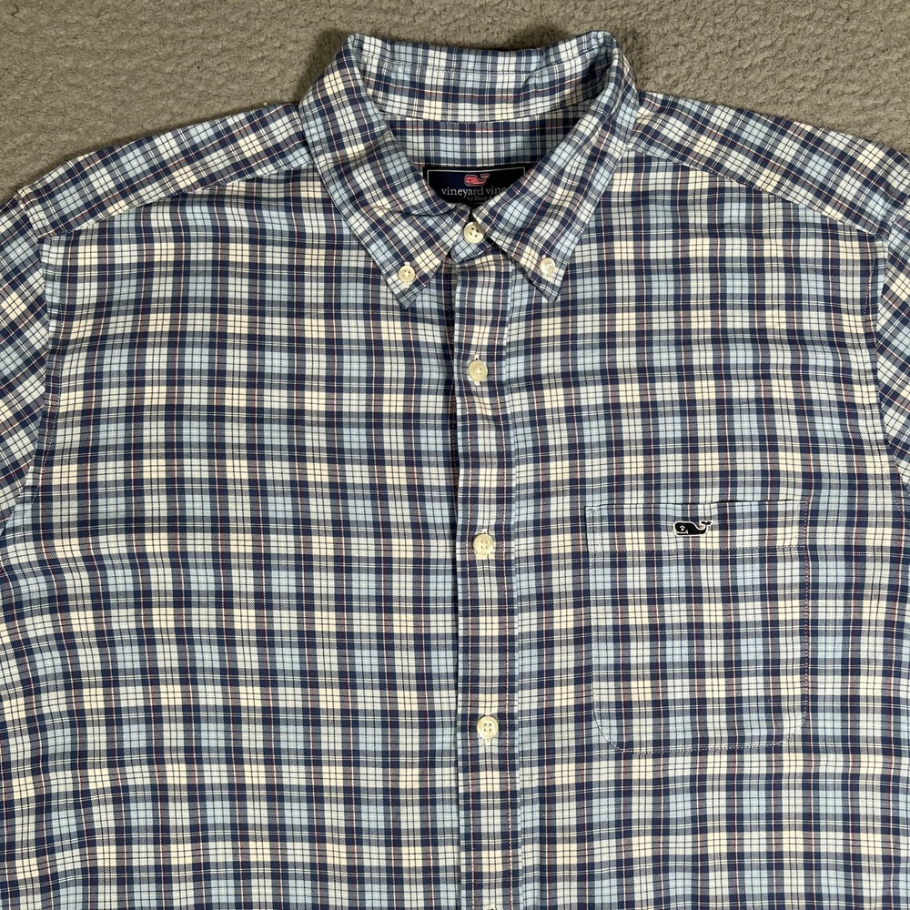 Vineyard Vines Shirt Mens Large Blue Plaid Classic Fit Whale Casual Preppy Logo